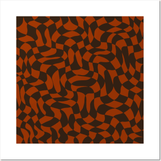 Brown and Orange Distorted Warped Checkerboard Pattern IV Posters and Art